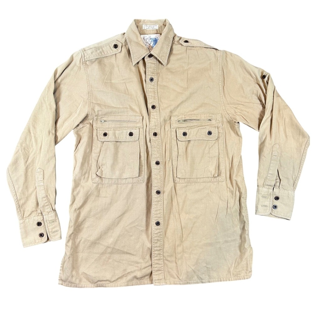 Vintage Trophy Club Mens‎ Tan Khaki Cotton Safari Utility Shirt Epaulets Small
